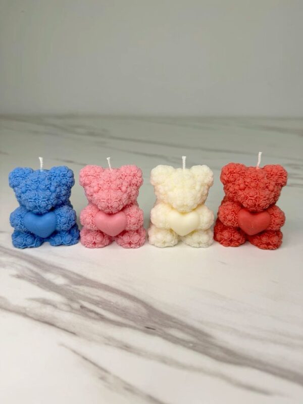 Handmade Rose Teddy Candles in pastel colours, crafted with eco-friendly soy wax and tiny rose details — perfect for décor and gifting.