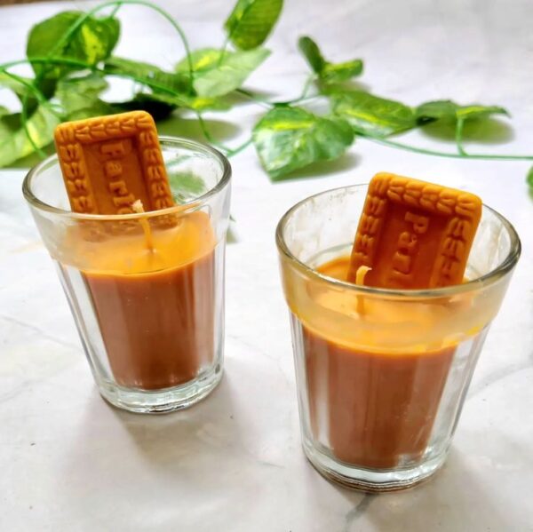Handmade Chai Biscuit Candle in glass cup with realistic biscuit-shaped wax topper