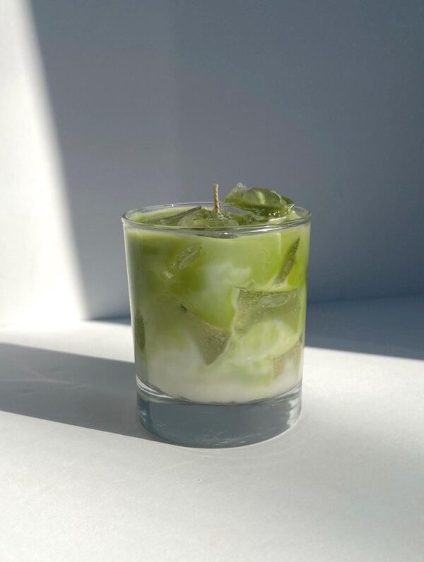 Realistic Iced Latte Candle in clear glass with wax ice cubes and layered coffee milk design