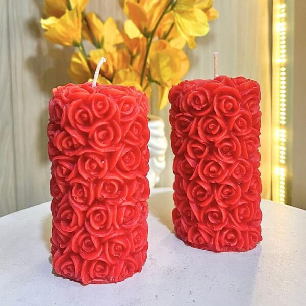 Handmade Rose Pillar Candles crafted from eco-friendly soy wax, featuring detailed rose patterns — perfect for décor, celebrations, and gifting.