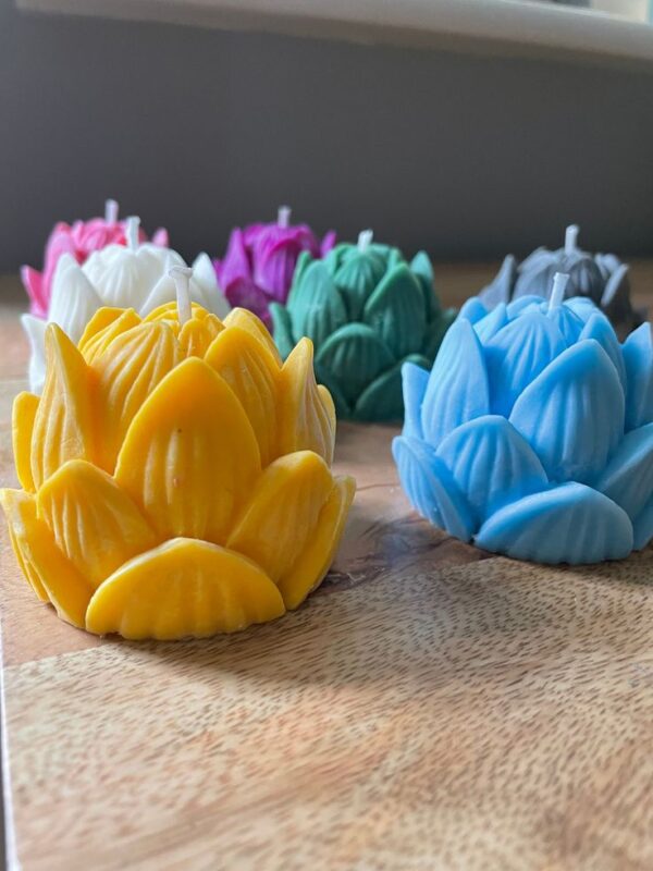 Handmade Lotus Candles with detailed petal designs, crafted from eco-friendly soy wax — perfect for home décor, festive setups, and gifting.