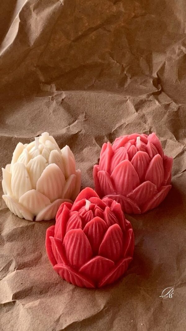 Handmade Lotus Candles with detailed petal designs, crafted from eco-friendly soy wax — perfect for home décor, festive setups, and gifting.