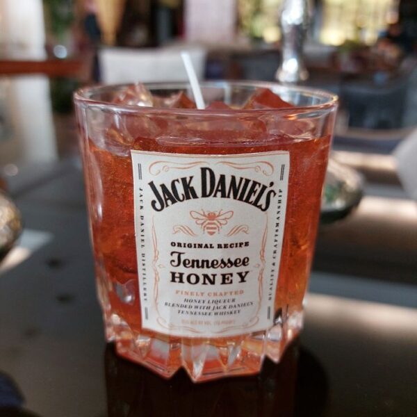 Whiskey-style candle in Jack Daniel’s glass with wax ice cubes