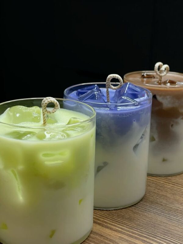 Realistic Iced Latte Candle in clear glass with wax ice cubes and layered coffee milk design